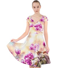 Paradise Apple Blossoms Cap Sleeve Front Wrap Midi Dress by FunnyCow
