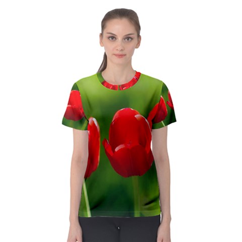 Three Red Tulips, Green Background Women s Sport Mesh Tee by FunnyCow