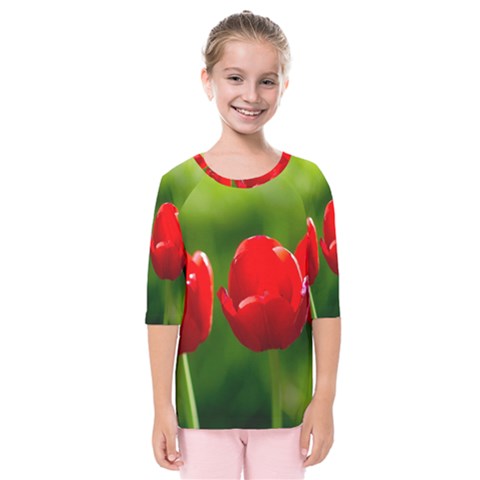 Three Red Tulips, Green Background Kids  Quarter Sleeve Raglan Tee by FunnyCow