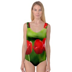 Three Red Tulips, Green Background Princess Tank Leotard  by FunnyCow