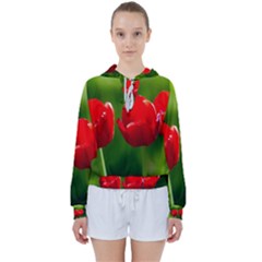 Three Red Tulips, Green Background Women s Tie Up Sweat by FunnyCow