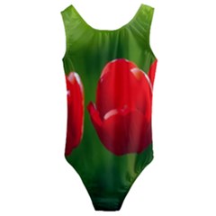 Three Red Tulips, Green Background Kids  Cut-out Back One Piece Swimsuit by FunnyCow