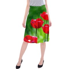 Red Tulip Flowers, Sunny Day Midi Beach Skirt by FunnyCow