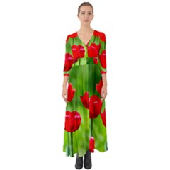 Red Tulip Flowers, Sunny Day Button Up Boho Maxi Dress by FunnyCow