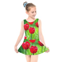 Red Tulip Flowers, Sunny Day Kids  Skater Dress Swimsuit by FunnyCow
