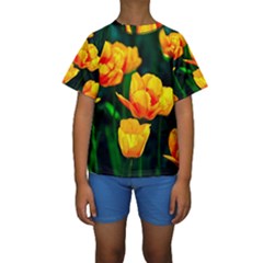 Yellow Orange Tulip Flowers Kids  Short Sleeve Swimwear by FunnyCow