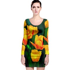 Yellow Orange Tulip Flowers Long Sleeve Bodycon Dress by FunnyCow