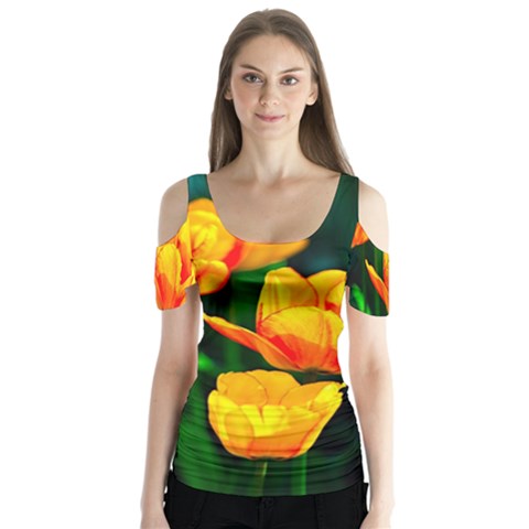 Yellow Orange Tulip Flowers Butterfly Sleeve Cutout Tee  by FunnyCow