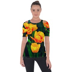 Yellow Orange Tulip Flowers Shoulder Cut Out Short Sleeve Top by FunnyCow