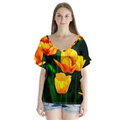 Yellow Orange Tulip Flowers V-neck Flutter Sleeve Top by FunnyCow