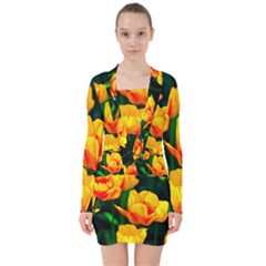 Yellow Orange Tulip Flowers V-neck Bodycon Long Sleeve Dress by FunnyCow
