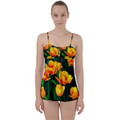 Yellow Orange Tulip Flowers Babydoll Tankini Set