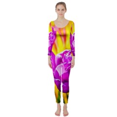 Violet Tulip Flowers Long Sleeve Catsuit by FunnyCow