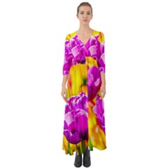 Violet Tulip Flowers Button Up Boho Maxi Dress