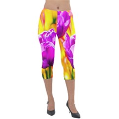 Violet Tulip Flowers Lightweight Velour Capri Leggings  by FunnyCow