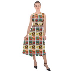 Victorian Fruit Labels Midi Tie-back Chiffon Dress