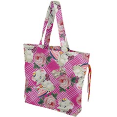 Retro Pets Plaid Pink Drawstring Tote Bag