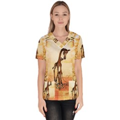 Cute Giraffe Mum With Funny Giraffe Baby Women s V-neck Scrub Top by FantasyWorld7