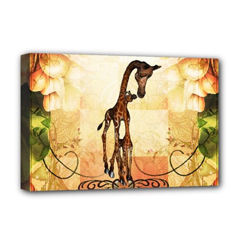 Cute Giraffe Mum With Funny Giraffe Baby Deluxe Canvas 18  X 12  (stretched) by FantasyWorld7