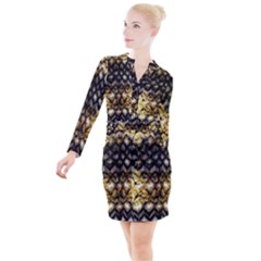 Black Zig Zag Blurred On Gold Crush Flowers By Flipstylez Designs Button Long Sleeve Dress by flipstylezfashionsLLC