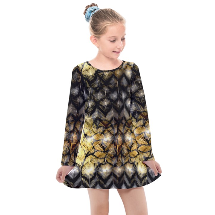 Black zig zag blurred on gold crush flowers by FlipStylez Designs Kids  Long Sleeve Dress