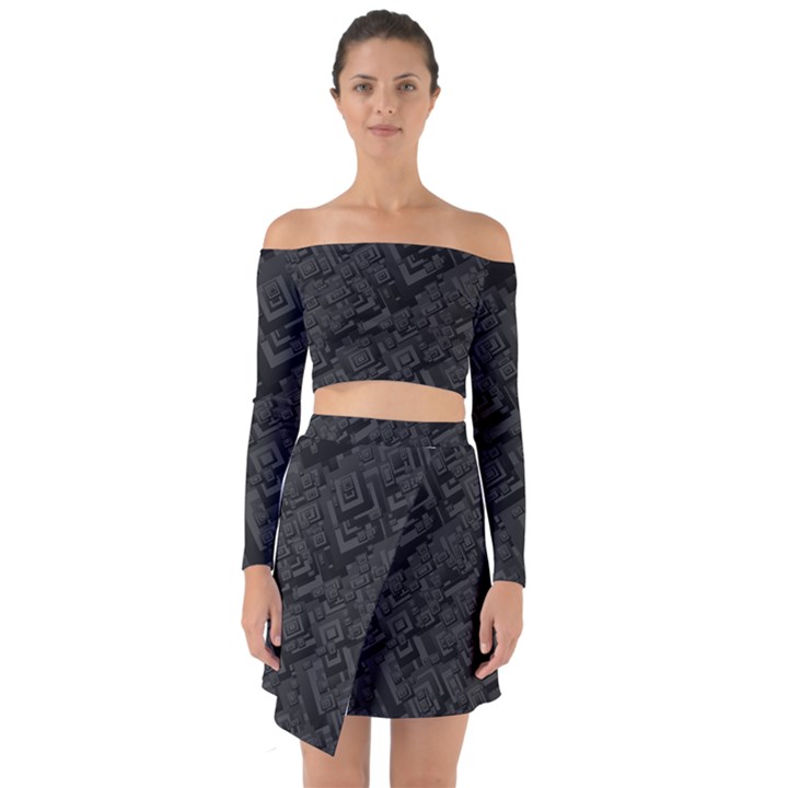 Black Rectangle Wallpaper Grey Off Shoulder Top with Skirt Set