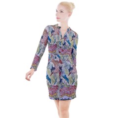 Watercolor Postcard2 Button Long Sleeve Dress by chellerayartisans