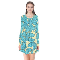 Leaves Dried Leaves Stamping Long Sleeve V-neck Flare Dress