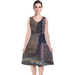 Hong Kong At Night Skyline V-neck Midi Sleeveless Dress 