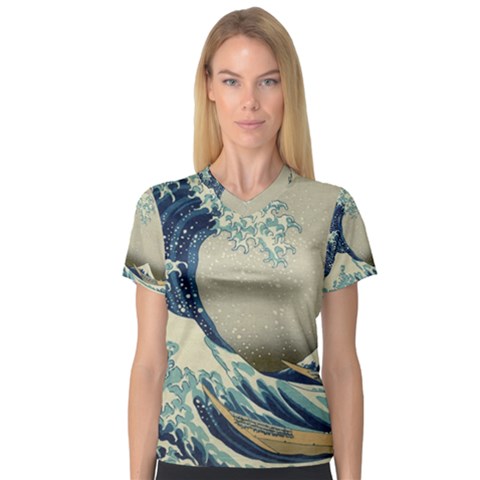 The Classic Japanese Great Wave Off Kanagawa By Hokusai V-neck Sport Mesh Tee by PodArtist