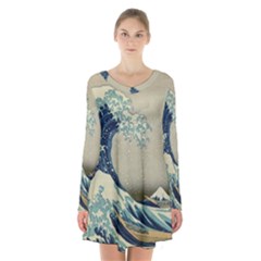 The Classic Japanese Great Wave Off Kanagawa By Hokusai Long Sleeve Velvet V-neck Dress by PodArtist