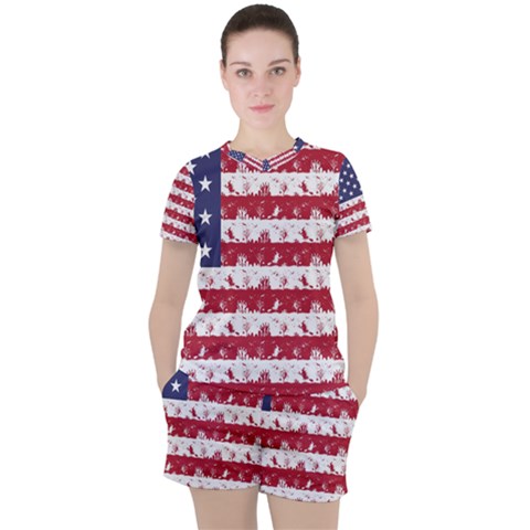 Usa Flag Halloween Holiday Nightmare Stripes Women s Tee And Shorts Set by PodArtist