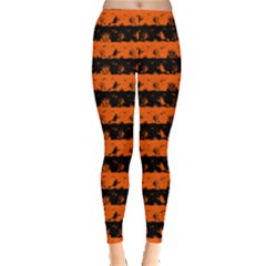 Orange And Black Spooky Halloween Nightmare Stripes Leggings  by PodArtist