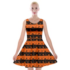 Orange And Black Spooky Halloween Nightmare Stripes Velvet Skater Dress by PodArtist