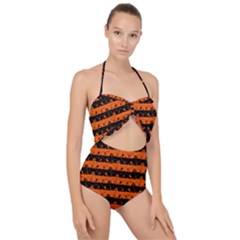 Orange And Black Spooky Halloween Nightmare Stripes Scallop Top Cut Out Swimsuit by PodArtist