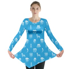 Oktoberfest Bavarian October Beer Festival Motifs In Bavarian Blue Long Sleeve Tunic  by PodArtist