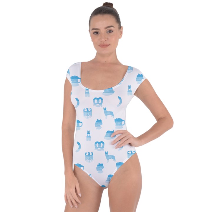 Oktoberfest Bavarian October Beer Festival Motifs in Bavarian Blue Short Sleeve Leotard 