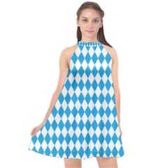 Oktoberfest Bavarian Blue And White Large Diagonal Diamond Pattern Halter Neckline Chiffon Dress  by PodArtist