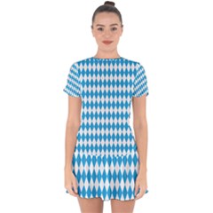 Oktoberfest Bavarian Blue And White Large Diagonal Diamond Pattern Drop Hem Mini Chiffon Dress by PodArtist