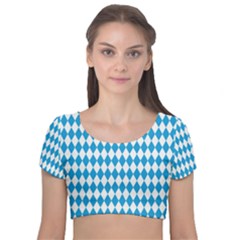 Oktoberfest Bavarian Blue And White Large Diagonal Diamond Pattern Velvet Short Sleeve Crop Top  by PodArtist