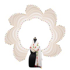Indiahandycrfats women Fashion White Dupatta with Multicolour Pompom all four sides for Girls/women Hook Handle Umbrellas (Small)