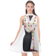 Indiahandycrfats women Fashion White Dupatta with Multicolour Pompom all four sides for Girls/women Halter Neckline Chiffon Dress 