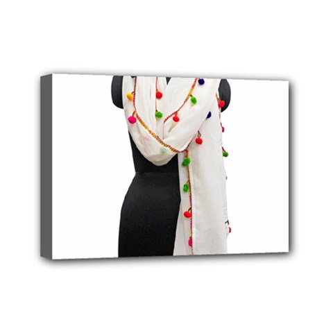 Indiahandycrfats Women Fashion White Dupatta With Multicolour Pompom All Four Sides For Girls/women Mini Canvas 7  X 5  (stretched) by Indianhandycrafts