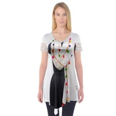 Indiahandycrfats Women Fashion White Dupatta With Multicolour Pompom All Four Sides For Girls/women Short Sleeve Tunic  by Indianhandycrafts