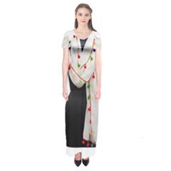 Indiahandycrfats Women Fashion White Dupatta With Multicolour Pompom All Four Sides For Girls/women Short Sleeve Maxi Dress by Indianhandycrafts