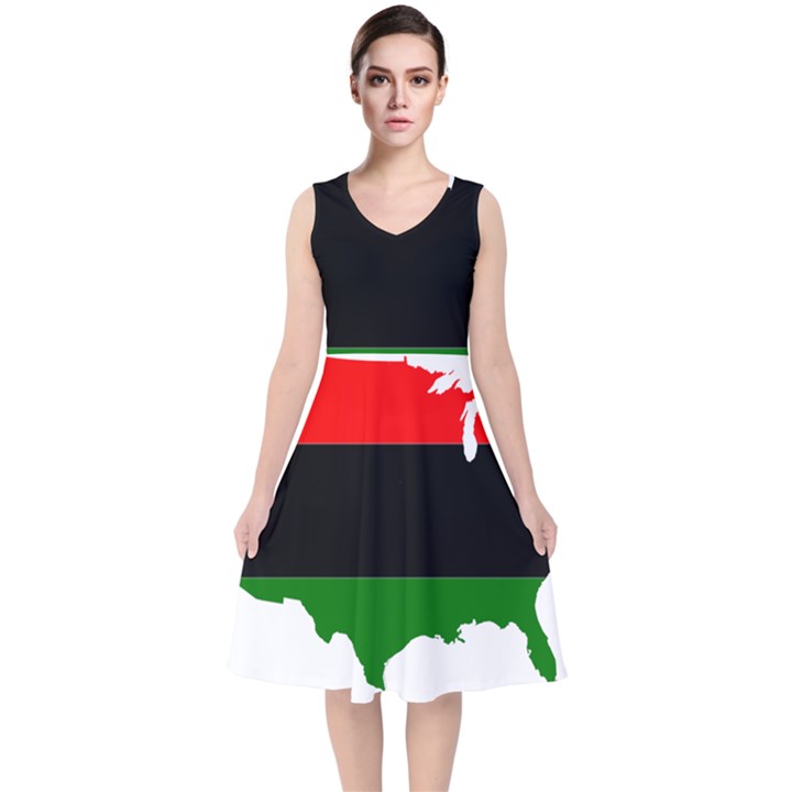 Pan-African Flag Map of United States V-Neck Midi Sleeveless Dress 