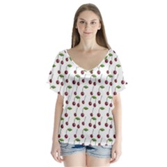 Musical Cherries Pattern V-neck Flutter Sleeve Top by emilyzragz