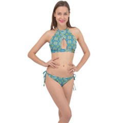 Green Blue Shapes                                            Cross Front Halter Bikini Set by LalyLauraFLM