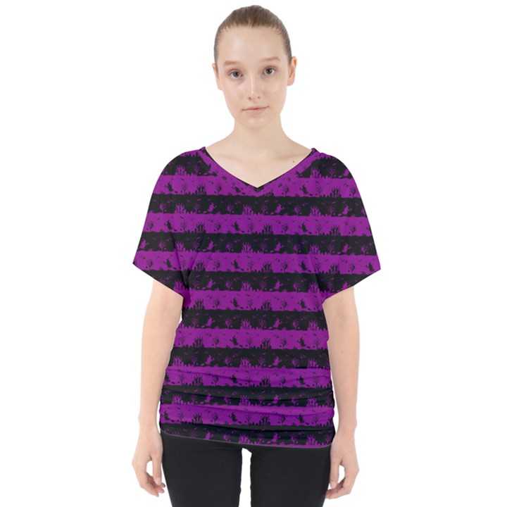 Zombie Purple and Black Halloween Nightmare Stripes  V-Neck Dolman Drape Top