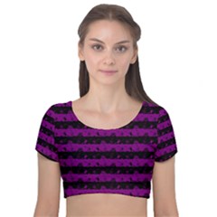 Zombie Purple And Black Halloween Nightmare Stripes  Velvet Short Sleeve Crop Top  by PodArtist